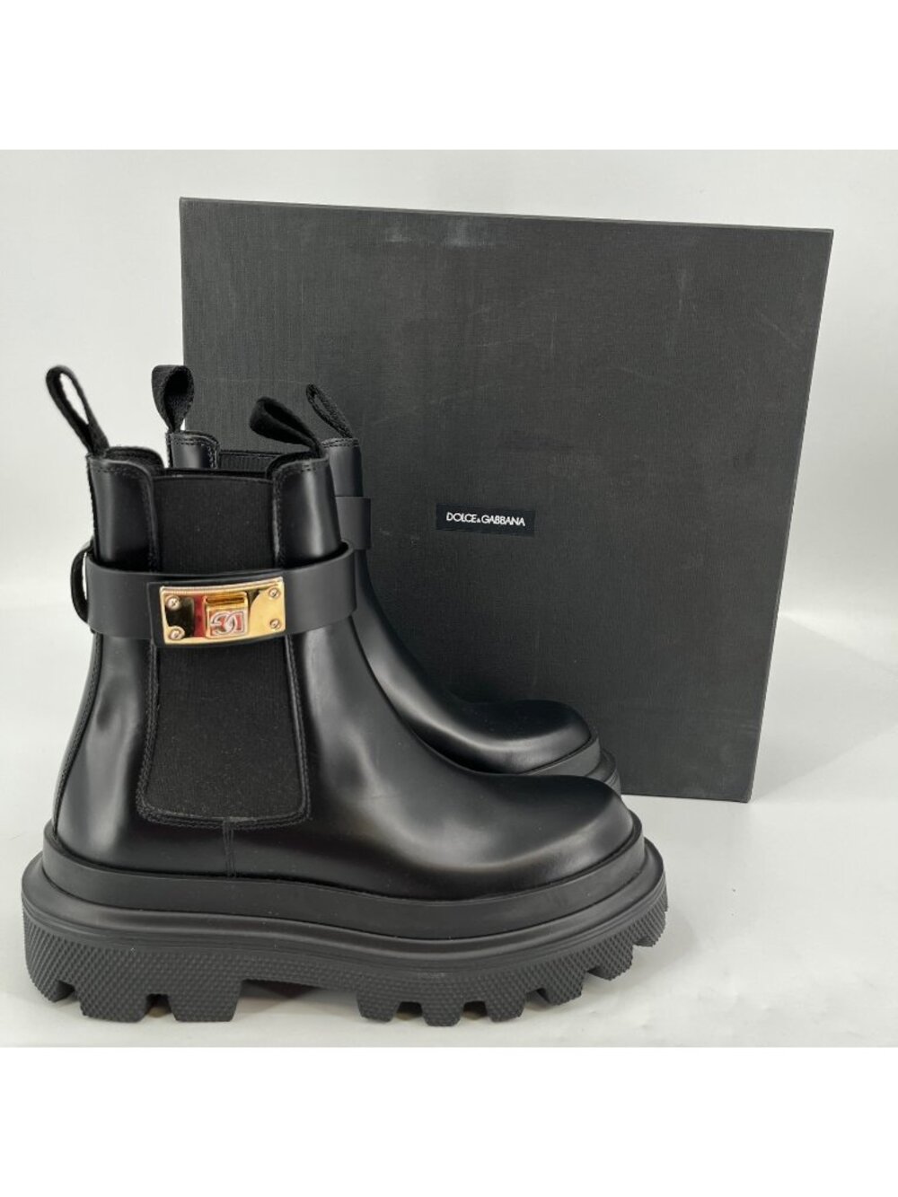 Dolce & Gabbana Chelsea Ankle Boot Black EU 37 Calfskin Leather Gold DG Lug Sole
